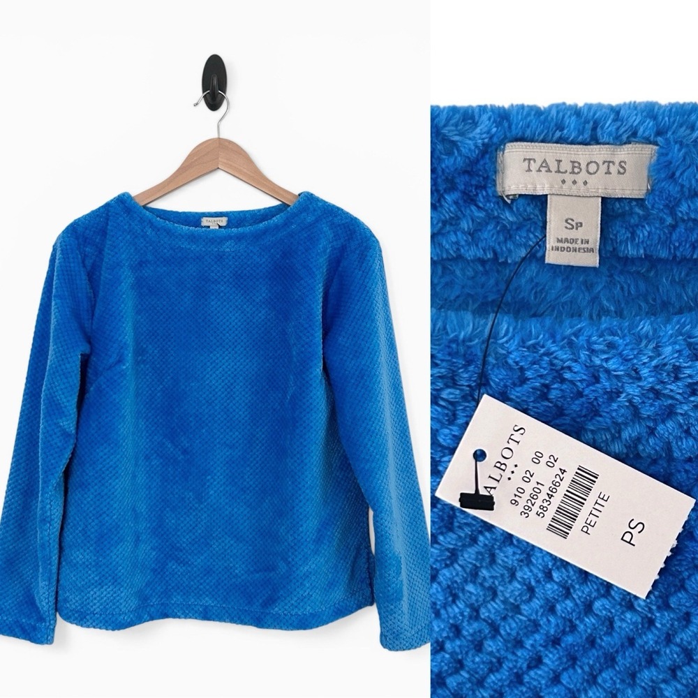 Talbots Women Petite Small Blue PS Plush Fleece Long Sleeve Pullover Sweater NWT